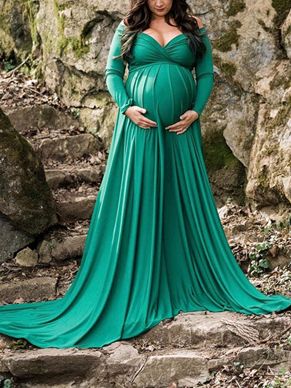 Green Pleated Off Shoulder Long Sleeve Baby shower Maternity Maxi Dress