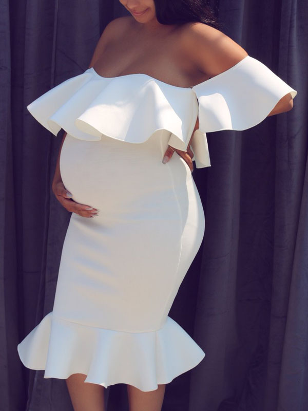 White Off Shoulder Ruffle Bodycon Mermaid Maternity For Babyshowes Maxi Dress Happy Hour