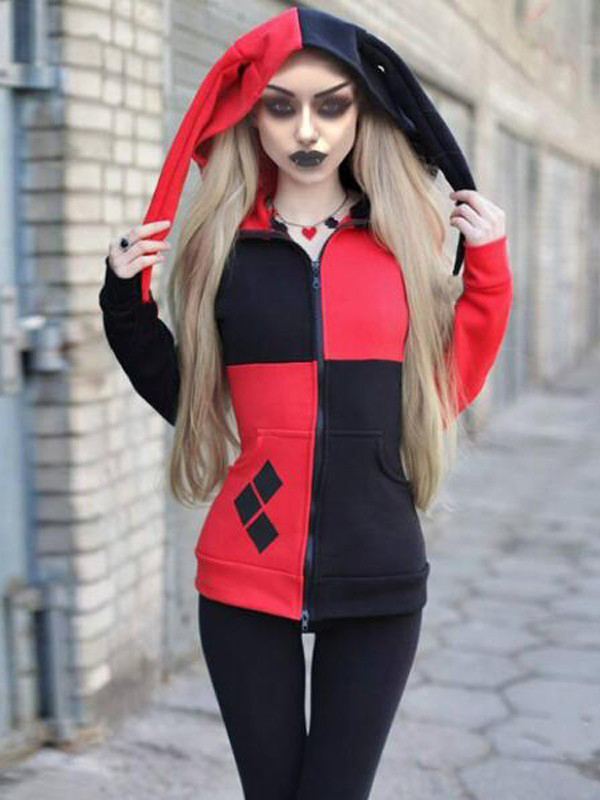 Black Red Patchwork Pockets Harley Quinn Cosplay Cardigan Casual Hooded Witchcraft Sweatshirt
