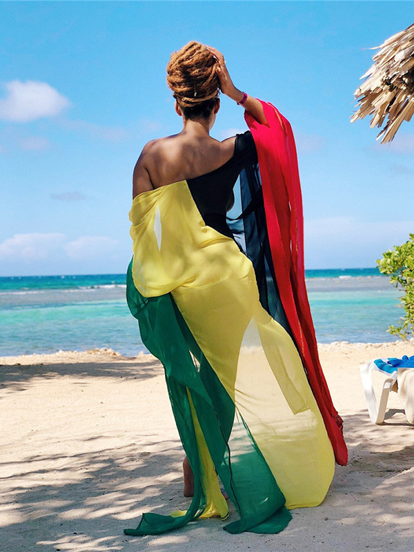 Yellow Reggae Rasta Color Jamaica Color Block Beachwear Cover Up Fashion Bikini Smock