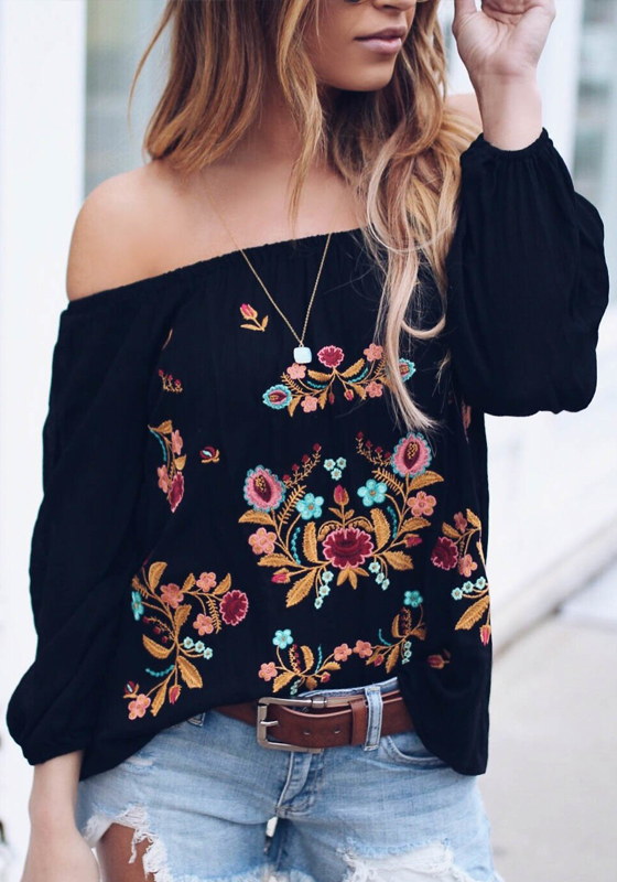 Black Gypsy Floral Off Shoulder Long Sleeve Mexico Fashion Blouse