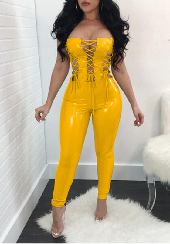 Yellow Cross Cut Out Lace Up Off Shoulder Backless Vinyl Latex Club Long Jumpsuit