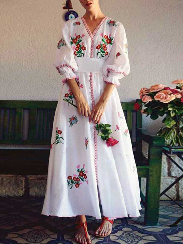White Mexican Embroidered Print Belt V-neck Puff Sleeve Big Swing Flowy