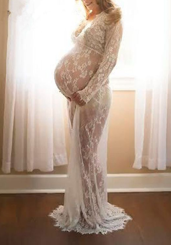 White Floral Lace Hollow-out See-through Plus Size Maternity Maxi Dress