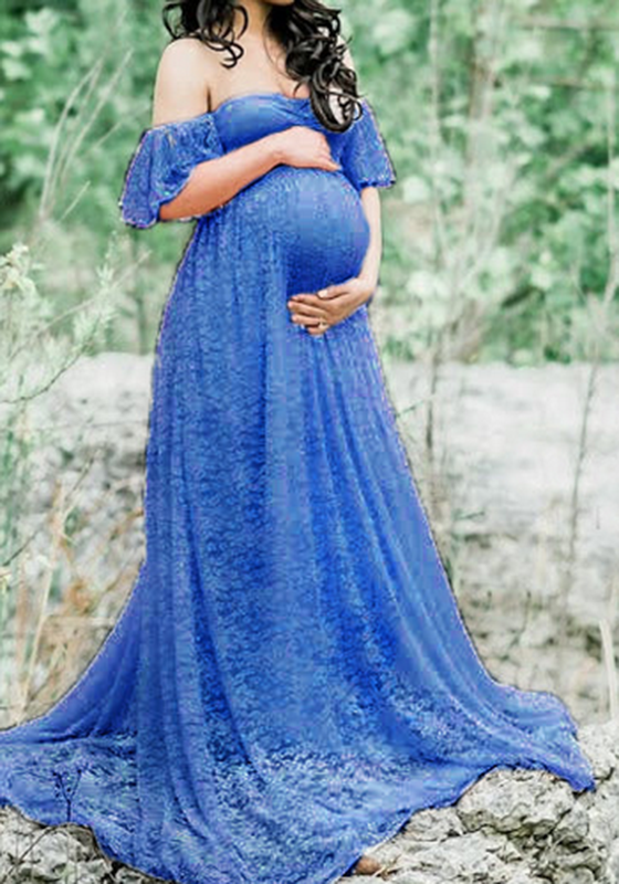 Blue Floral Lace Bandeau Pleated Off Shoulder Floor Length Maternity