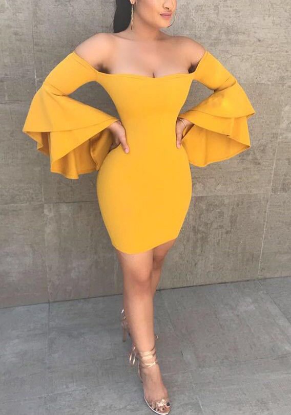 Yellow Ruffle Boat Neck Off Shoulder Backless Bell Sleeve Bodycon Elegant Homecoming Party Mini