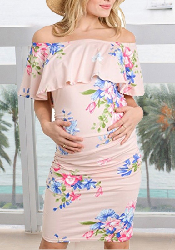 Pink Floral Print Ruffle Off Shoulder Bodycon Maternity For Babyshowes