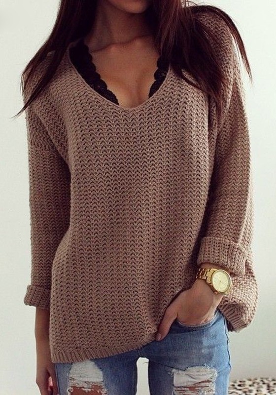 Coffee Plain Hollow-out V-neck Long Sleeve Loose Vintage Casual ...