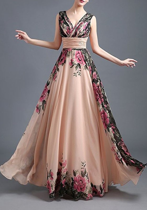 champagne floral draped plunging neckline elegant maxi dress