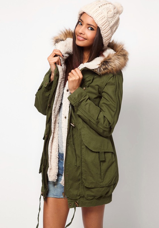 Army Green Pocket Faux Fur Hooded Cotton Blend Parka Coat ...